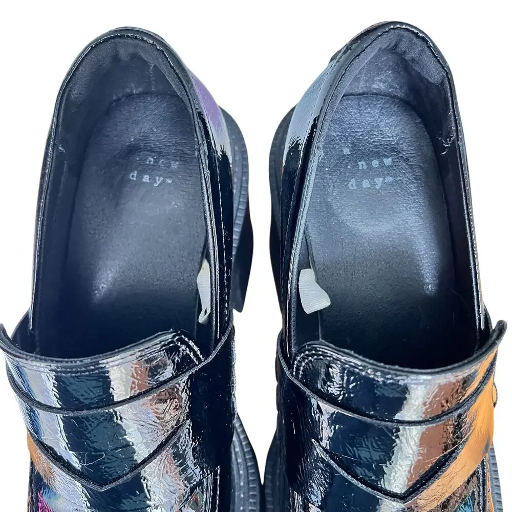 Womens Y2K Goth Chunky Loafers Sz 9 Black Patent Vegan Leather Lug Sole Platform